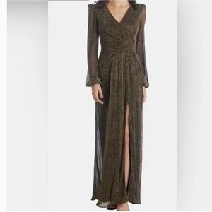 Long Sleeve Metallic & Black Gown w/ Slit- Black tie winter wedding guest dress